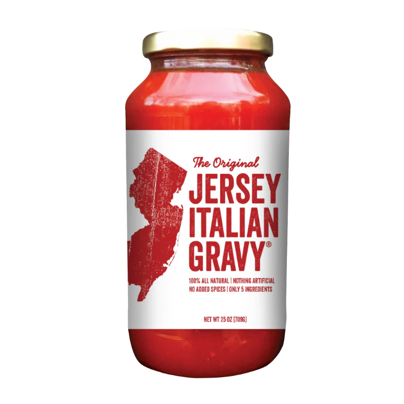 Jar of 'The Original Jersey Italian Gravy' with a map of New Jersey on the label.