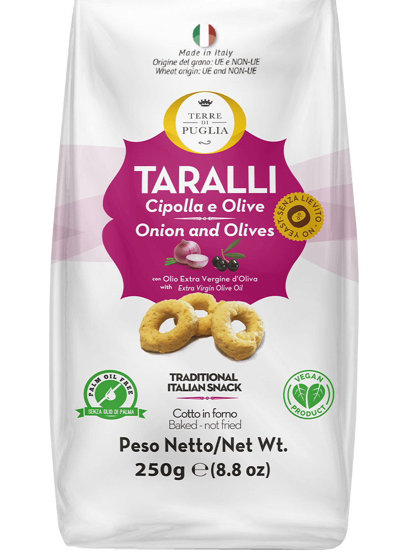 Package of Tarallli with Onion and Olives flavor on a white background