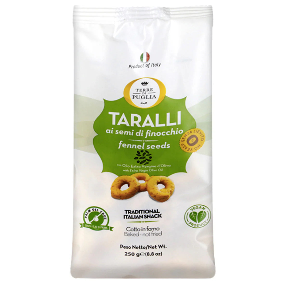 Packaging of Taralli with fennel seeds on a white background