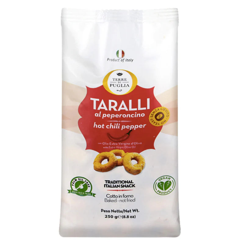 Packaging of Taralli al peperoncino hot chili pepper snacks from Terre di Puglia on a white background.