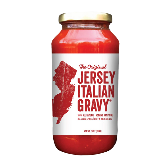 Jar of 'The Original Jersey Italian Gravy' with a map of New Jersey on the label.