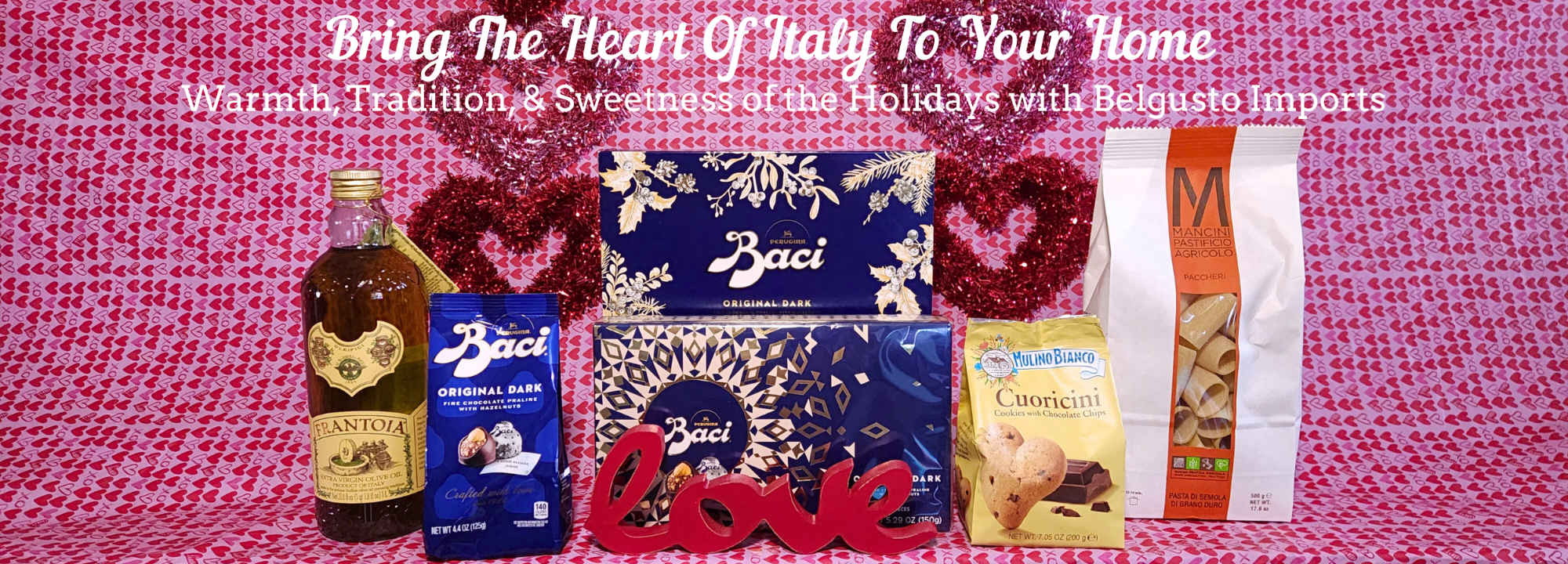 Promotional image of Italian products with text on a pink textured background